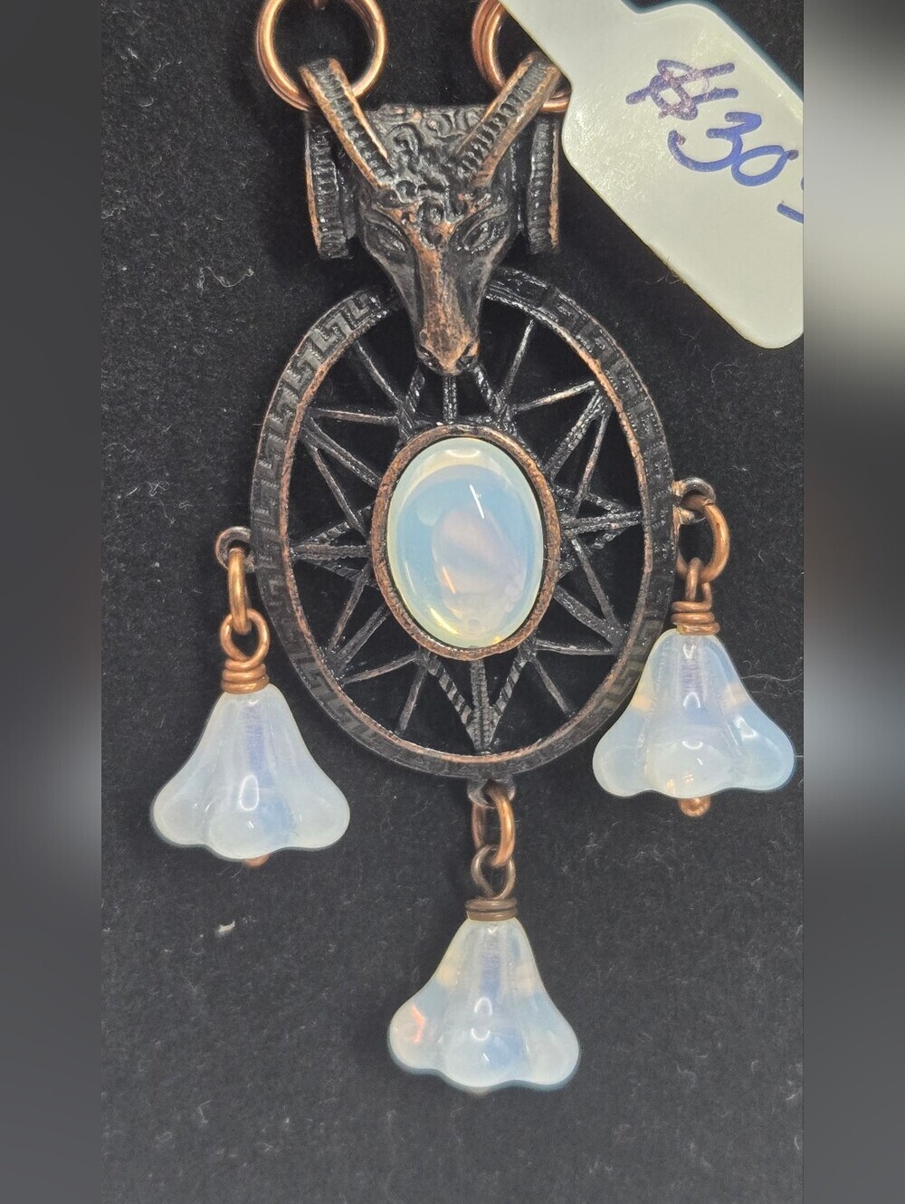 Goat Skull and Opalite Gemstone Necklace Handmade By Artisan Jewelry Maker - Picture 2 of 6